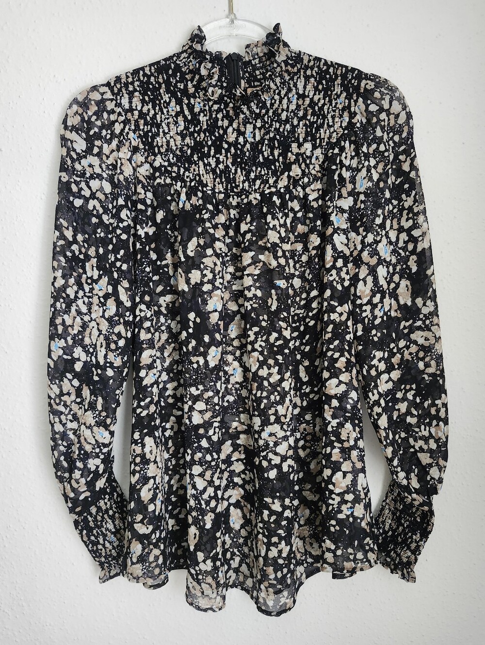 BOSS By HUGO BOSS Inada Abstract Print Smocked High-Neck Black Chiffon Blouse 4